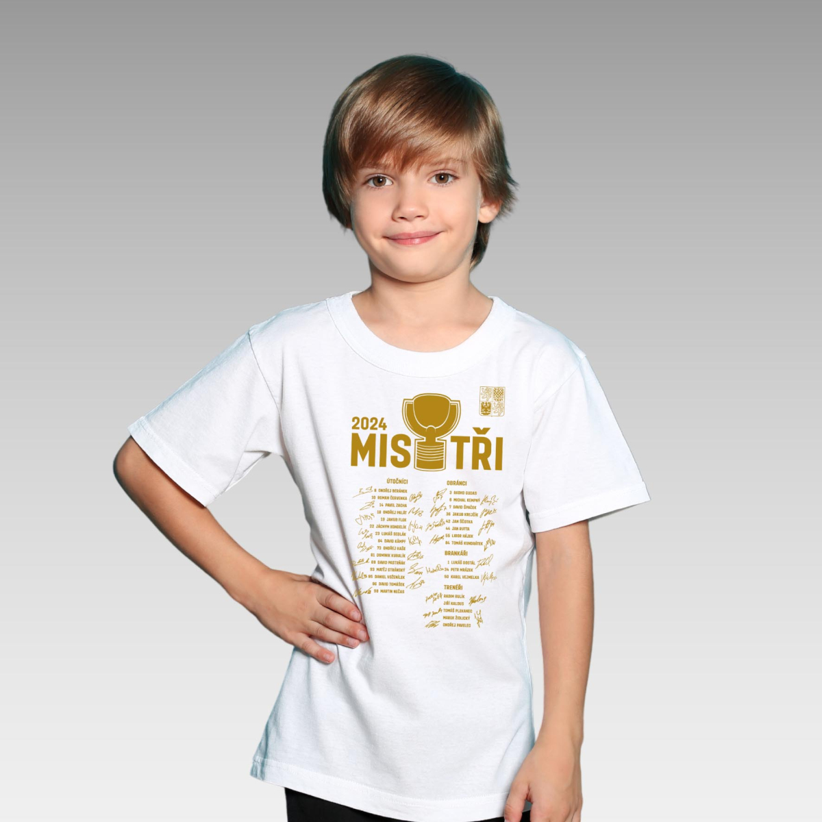 Hokejové reprezentace dětské tričko MISTŘI Ice Hockey World Championship Czechia MS 2024 GOLD EDITION White