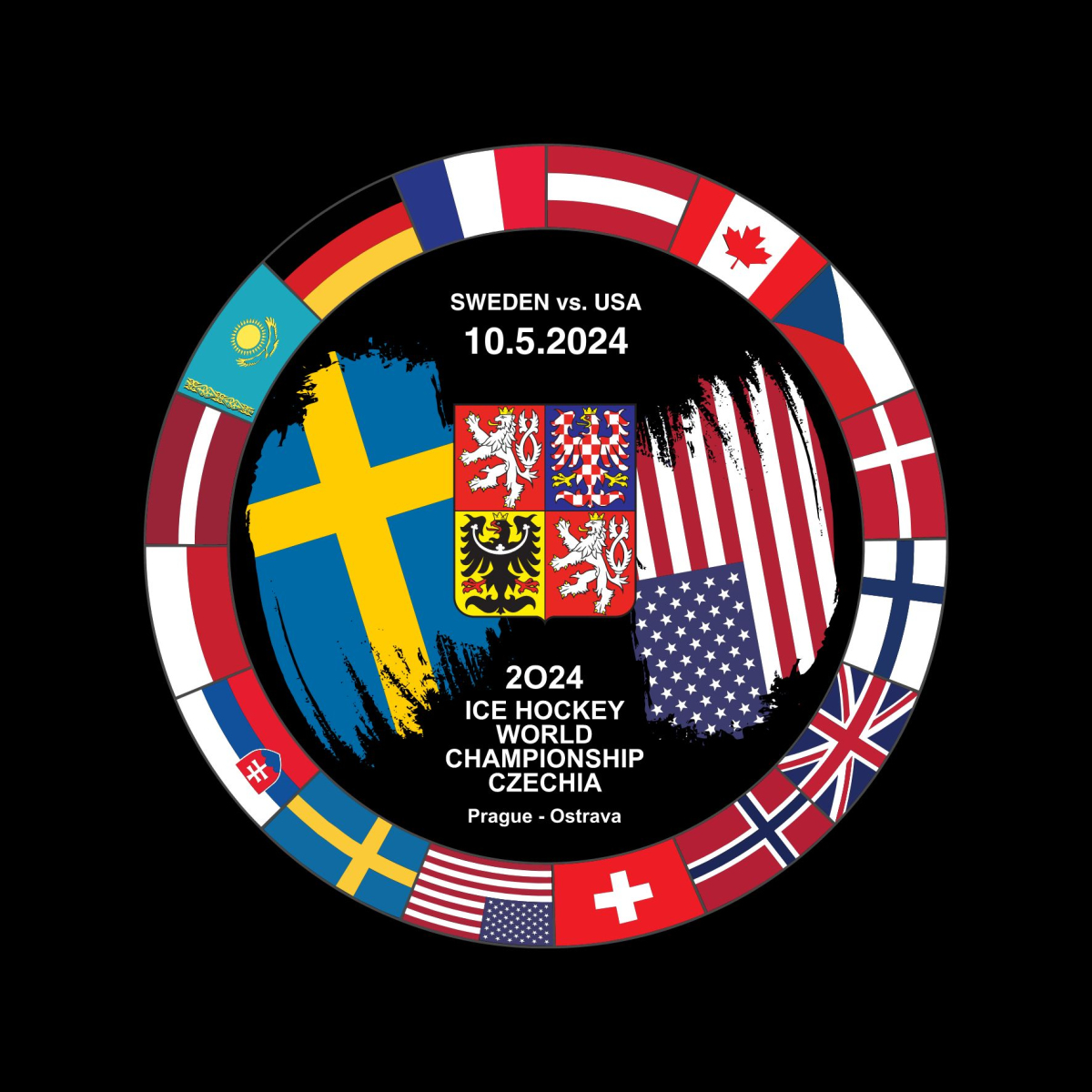 Hokejové reprezentace puk Ice Hockey World Championship Czechia MS 2024 Dueling 10.5.2024 Sweden vs. USA